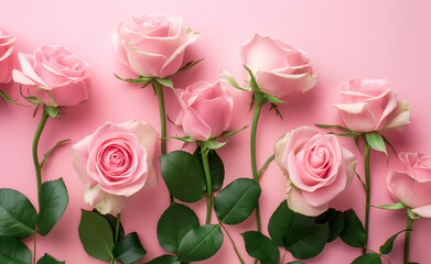 Pink Petals: A Top-View of Roses on Pastel Background.