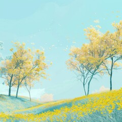 Naklejka na ściany i meble Spring Scene with Trees in the Field, in the Style of Digital Illustration Delicate Flowers Charm - Yellow and Aquamarine Nature Landscape Background created with Generative AI Technology