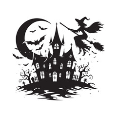 Horrifyingly Beautiful Halloween Spooky Hunted House Silhouette Masterpieces - An Ode to the Nocturnal with Halloween Spooky Hunted House Illustration - Silhouette of Hunted House

