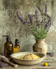 Spa Still Life with Natural Bath Salt, Lavender, and Body Oils
