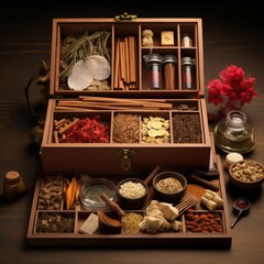 Traditional chinese herbal medicine variety in wooden drawer, alternative natural health remedies