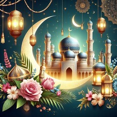 Beautiful background of the Eid Mubarak event and the Ramadan Kareem gold moon