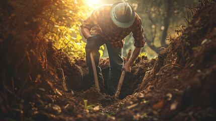 Man digging a hole to pick up. - obrazy, fototapety, plakaty