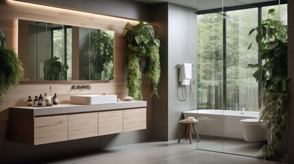 Contemporary bathroom with toilet bowl, wooden interior, and lush green plants for relaxing ambiance