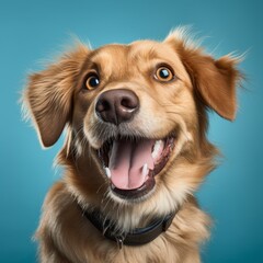 Happy smiling pet dog sticking out tongue, isolated on blue background with copy space