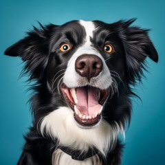 Happy dog sticking out tongue, isolated on blue background, cute pet with cheerful expression