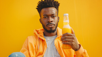 Man holding a bottle of orange juice.