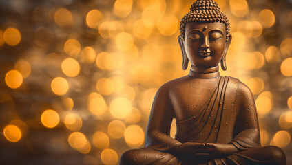A Buddha statue illuminated with golden bokeh, symbolizing peace and spiritual tranquility.