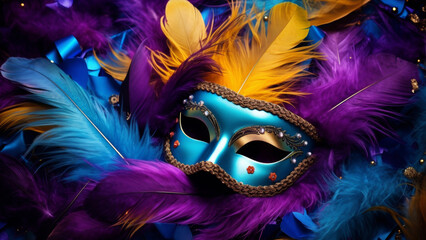 A carnival mask adorned with vivid feathers lies amidst a riot of colorful plumes.