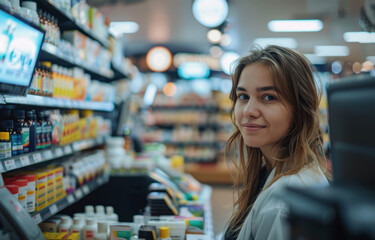 Pharmacy Drugstore: Beautiful Young Woman Buying Medicine, Drugs, Vitamins Stands next to Checkout Counter. Female Cashier in White Coat Serves Customer. Shelves with Health Care Products