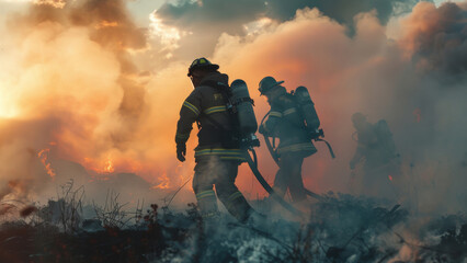 Firefighters in action amidst the smoke and flames of a fierce wildfire.