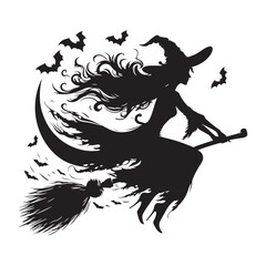 Halloween Witch Flying Silhouette Spectacle - A Theatrical Display of Shadows and Chilling Atmosphere with Halloween Witch Flying on Broomstick Vector - Halloween Silhouette
