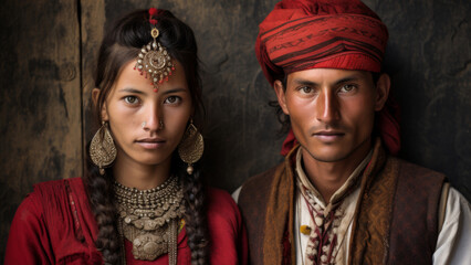 A serene portrait of a young woman and man in traditional attire against a rustic backdrop. - obrazy, fototapety, plakaty