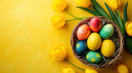 Easter colourful eggs and tulips on a colourful background, top view