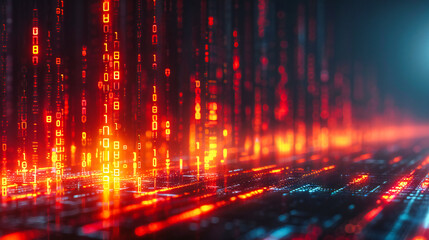 A binary matrix pulses with the lifeblood of cyberspace, where digital and physical realms converge in abstract beauty