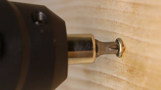 A brass self-tapping screw is unscrewed from a wooden board using an electric screwdriver, close up.