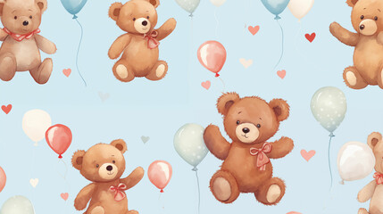 Group of teddy bears with balloons and hearts. Generative AI