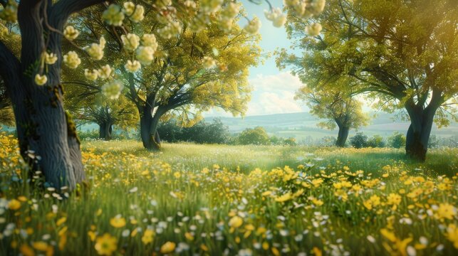 Spring Scene with Trees in the Field, in the Style of Digital Illustration Delicate Flowers Charm - Yellow and Aquamarine Nature Landscape Background created with Generative AI Technology