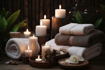 Fototapeta na wymiar Relaxing Spa Care: Aromatherapy Treatment with Towel & Candle on Nature Background