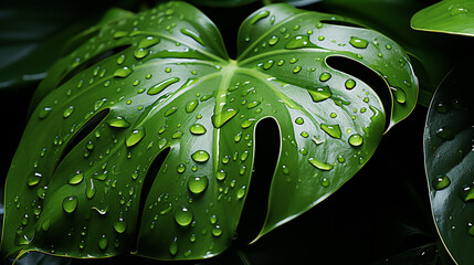 Obraz premium water drops on a green leaf