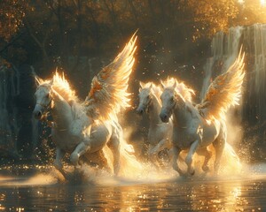 Equestrian lifestyle among centaurs racing through enchanted forests on steeds with wings of fire - obrazy, fototapety, plakaty