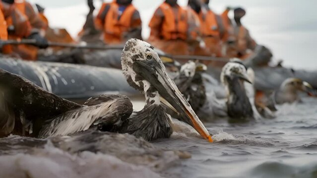 Pelicans covered in black goo struggling to flap their wings as they are lifted out of the water and onto the rescue boat surrounded by volunteers determined to save their