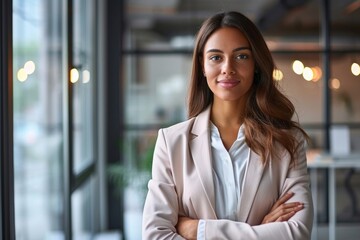 Smiling elegant confident young professional business woman, female proud leader, smart businesswoman lawyer or company manager executive looking at camera standing in office, Generative AI 