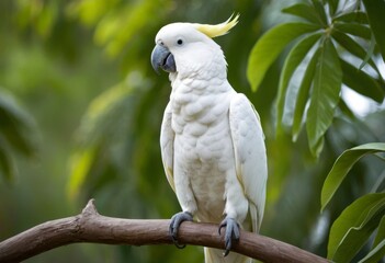 Cockatoo parrot (Cacatua galerita Sulphur-crested) sitting on a green tree branch .White and yellow cockatoo with nature green background.
