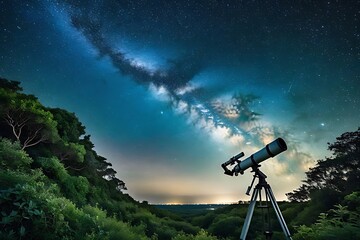 A weathered telescope pointing towards the night sky, surrounded by overgrown vegetation. 