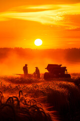 Silhouette of farmers working at sunrise, with a bright sun and orange sky.