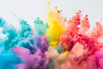 Fototapeta premium An explosion of vibrant colored powders against a white background, creating a dynamic and abstract burst of colors.