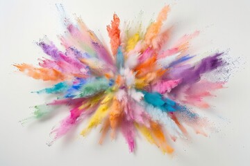 Obraz premium An explosion of vibrant colored powders against a white background, creating a dynamic and abstract burst of colors.