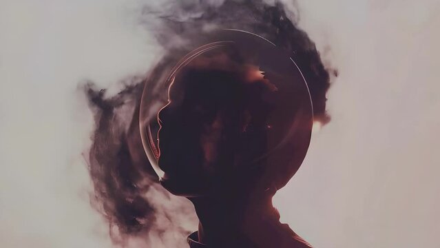 Double exposure of astronaut with black hole galaxy. Mental health, space movie poster concept