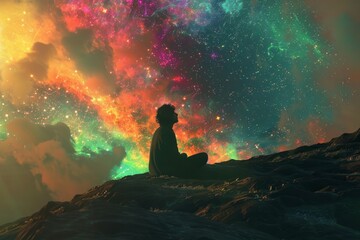 Obraz premium A person sitting on a hill looking at a vibrant cosmic event in the sky.