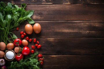 Variety of healthy foods on rustic wooden background for nutrition and wellness concepts