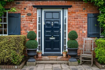 A welcoming front door of a house with symmetrical topiary plants.