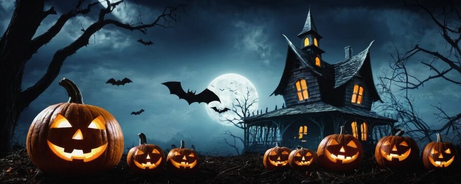 Halloween picture with castle, pumpkin, bats, cemetry and moon
