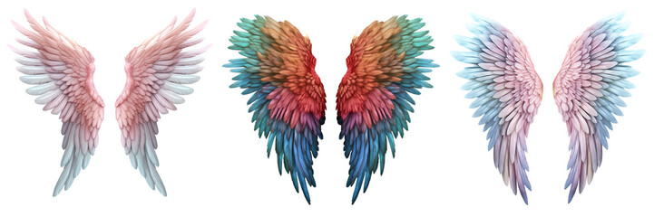 Set of pastel and bright colourful, angel devil wings on transparent background cutout, PNG file. Mockup template for artwork graphic design