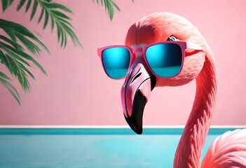 Pink flamingo wearing summer sunglasses. Summer background. AI generated