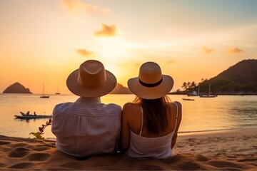 Happy couple enjoying luxury sunset on beach during summer vacation, romantic moment together