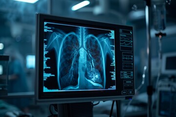 Medical monitor displaying a CT scan of human lungs.