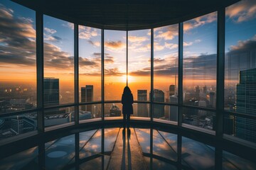 Silhouette of a person standing in front of large windows overlooking a cityscape at sunrise.