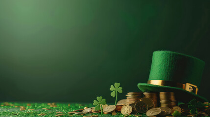 Happy St Patrick's Day Background Holiday Illustration with Green Hat, four and clove. Generative AI design