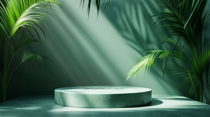 Fototapeta na wymiar Stone podium display in the jungle. Exotic flowers and green plants platform pedestal for product or text. Generative AI.