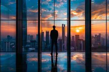 Fototapeta na wymiar Silhouette of a person standing in front of large windows overlooking a cityscape at sunrise.