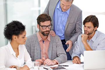 Businesspeople, teamwork and brainstorming or solution at creative agency, project planning, website. Men, woman and thinking together or campaign proposal or partnership meeting, startup or decision