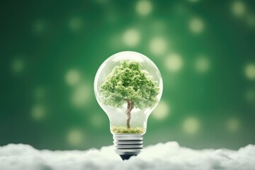 Light bulb with a lush tree inside symbolizing green energy. Green Energy Concept in Light Bulb