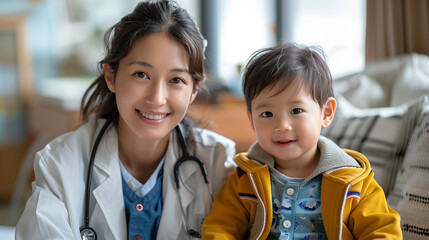 Doctor : Happy infant kid assessment in clinic; hospital and medical analysis. An image featuring a doctor and child; along with a doctor and baby.