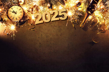 New Year 2025 holiday background with clock, christmas balls, champagne bottle, gift box and lights