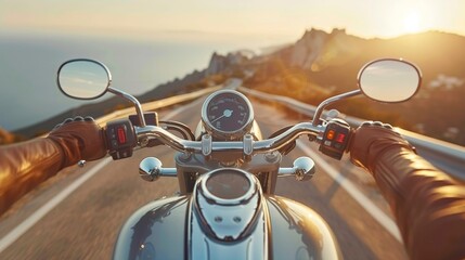 Adventurous motorcyclist riding fast on highway at sunset, pov shot of biker on bike - obrazy, fototapety, plakaty